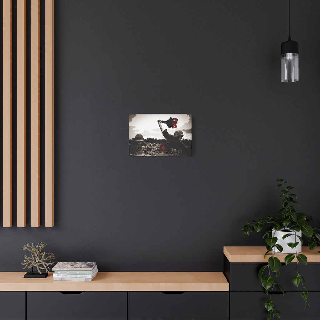 War Peace small canvas on a charcoal wall by wood slats, soldier raising red roses above the trenches
