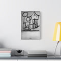 The Question small canvas beside a yellow desk lamp, hand-brushed black arcs reading as figures and a horizon