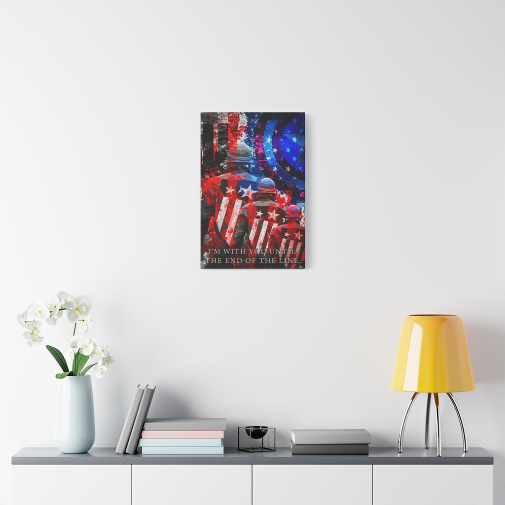 9/11 Never Forget medium canvas over a console with white flowers, patriotic tribute in red, white, blue and smoke gray