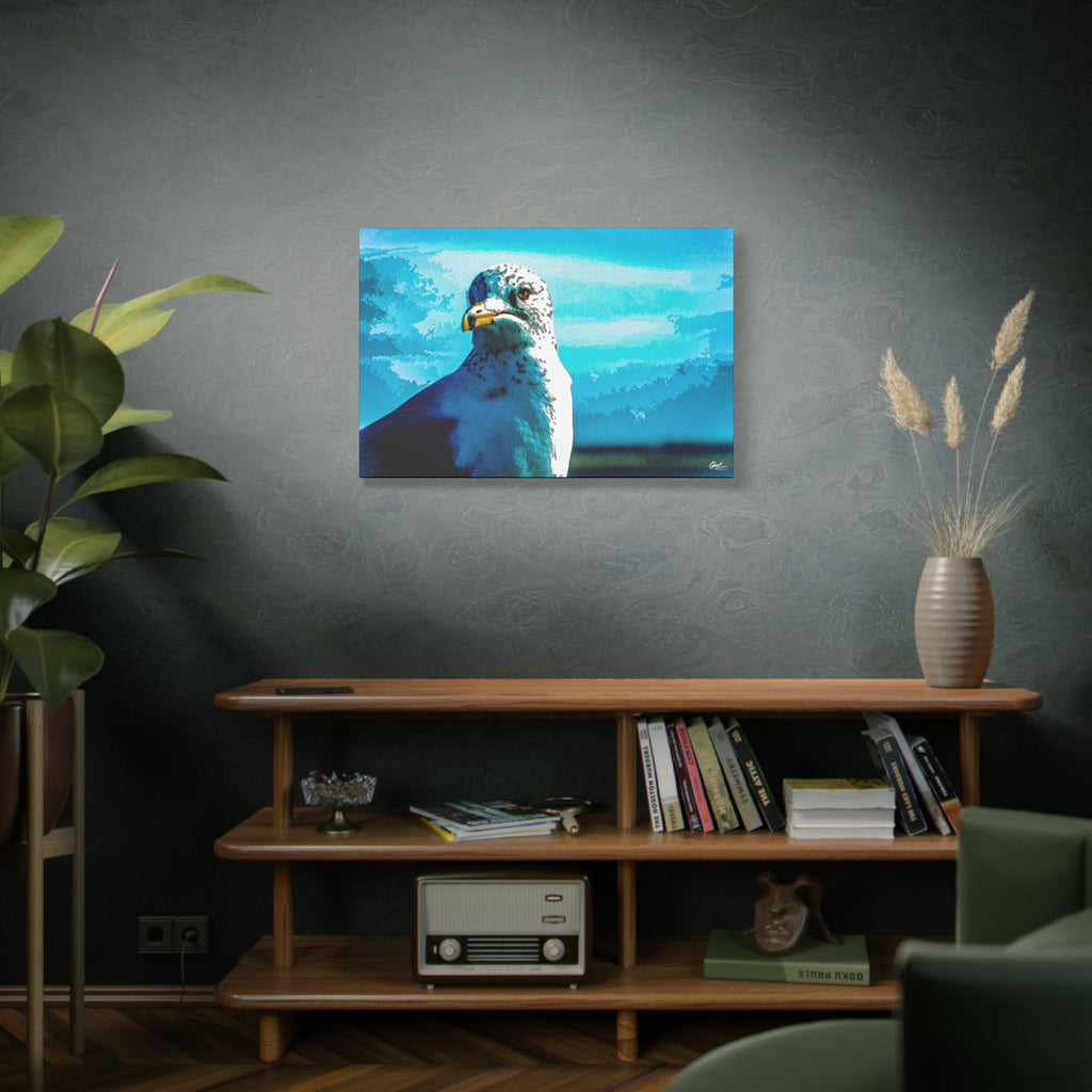Carolina Seagull large canvas above a wooden bookshelf, close-up seagull with a sharp eye and yellow beak on bright blue