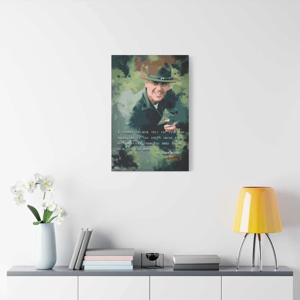 Live and Learn large canvas on a white wall above a console, painterly drill instructor portrait in camo greens