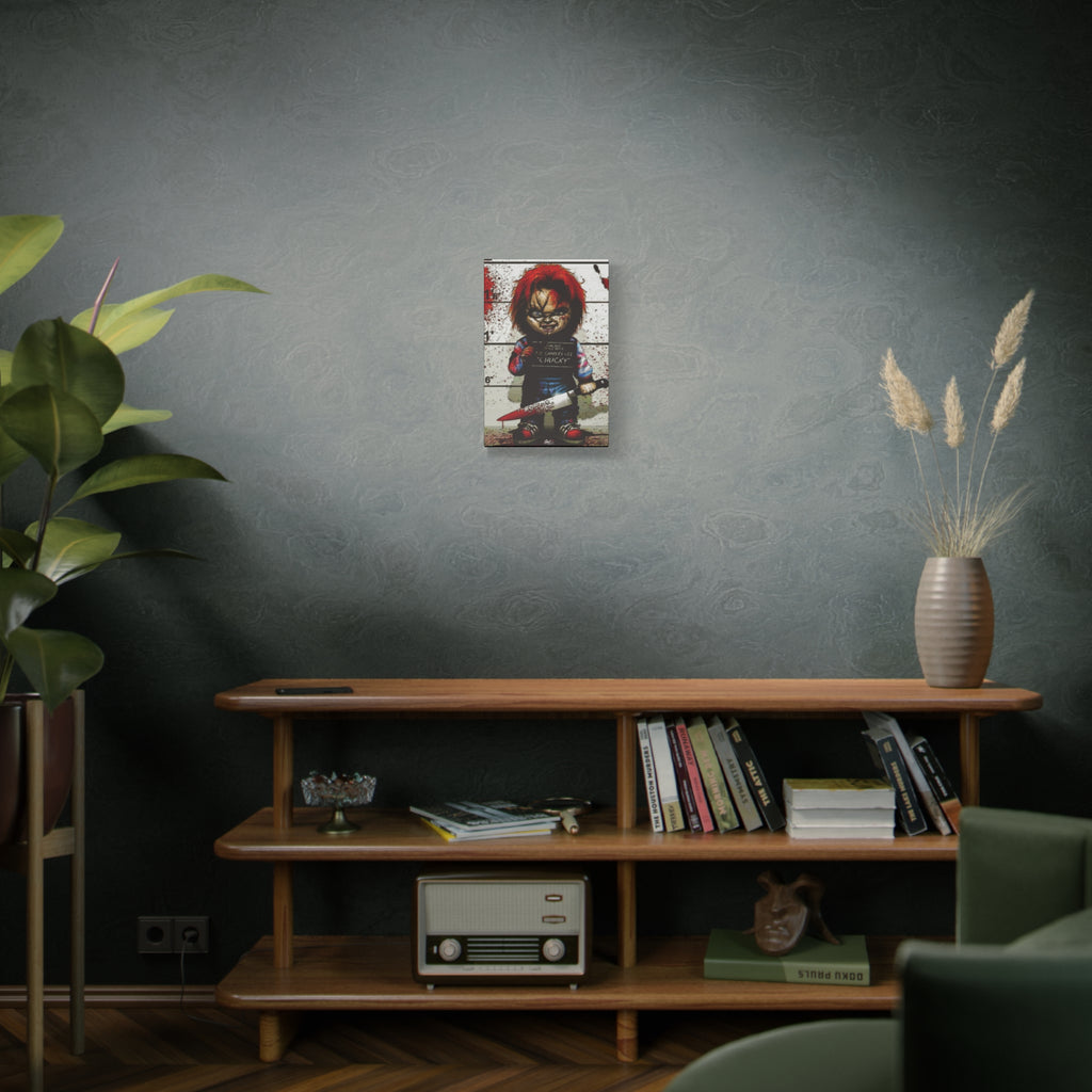 Best Friends Forever small canvas on a green-gray wall over bookshelves, doll lineup photo splashed with red