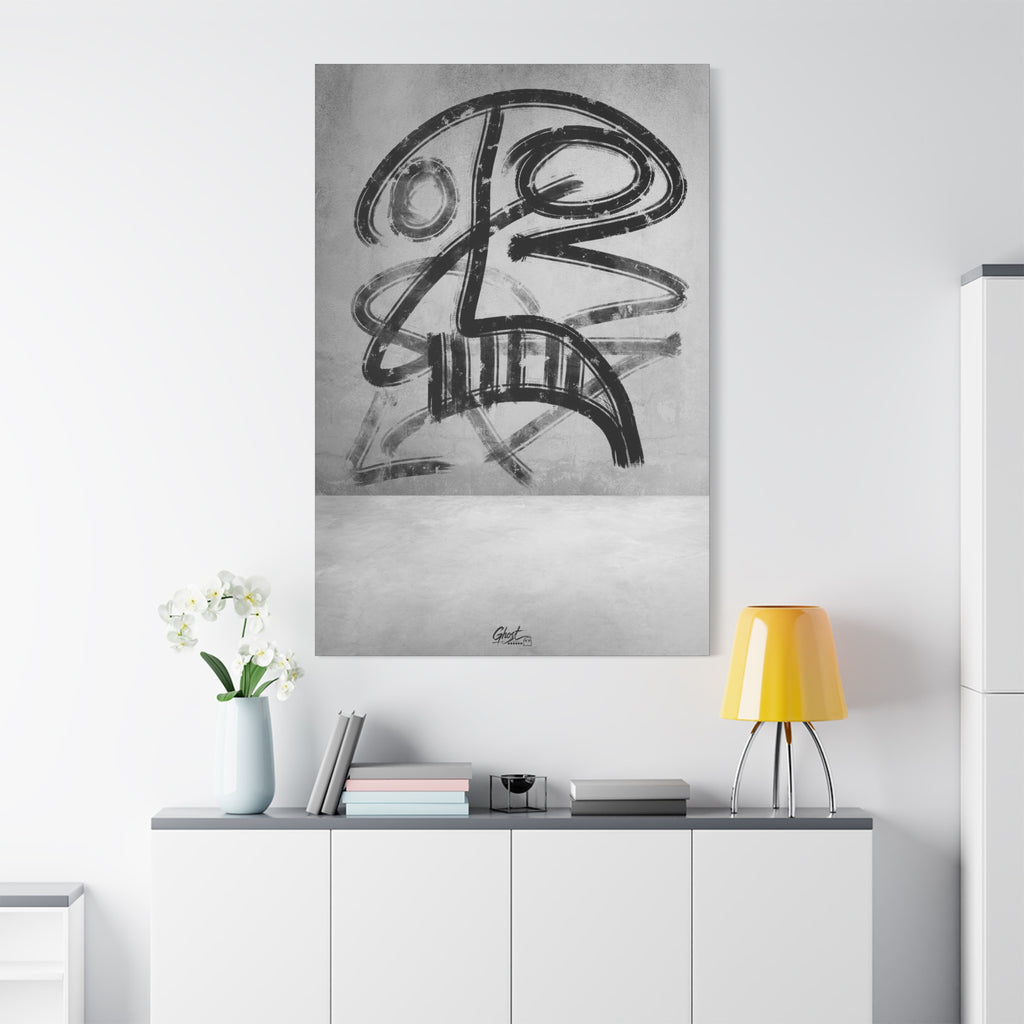 The Mask oversized canvas on a white wall over a sideboard, smudged charcoal-style abstract face