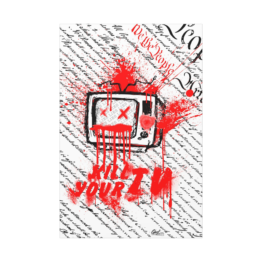 Kill Your TV canvas print, front view: hand-drawn TV with X eyes and bursting red paint