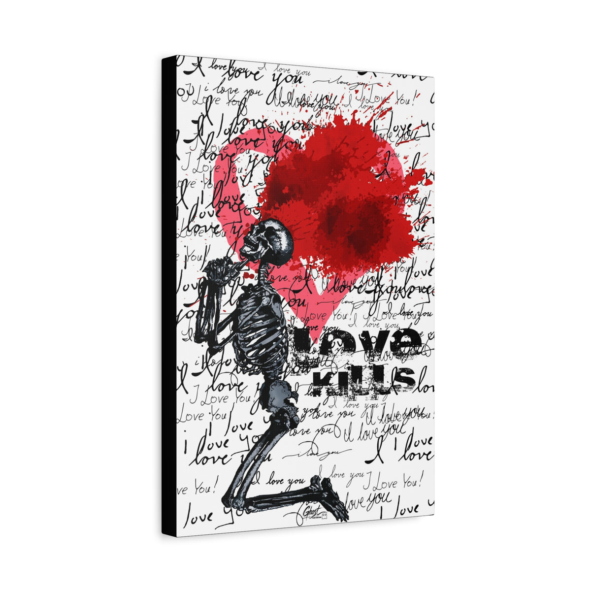 Love Kills canvas, angled view of the gallery-wrapped edge: kneeling skeleton before a burst pink and crimson heart