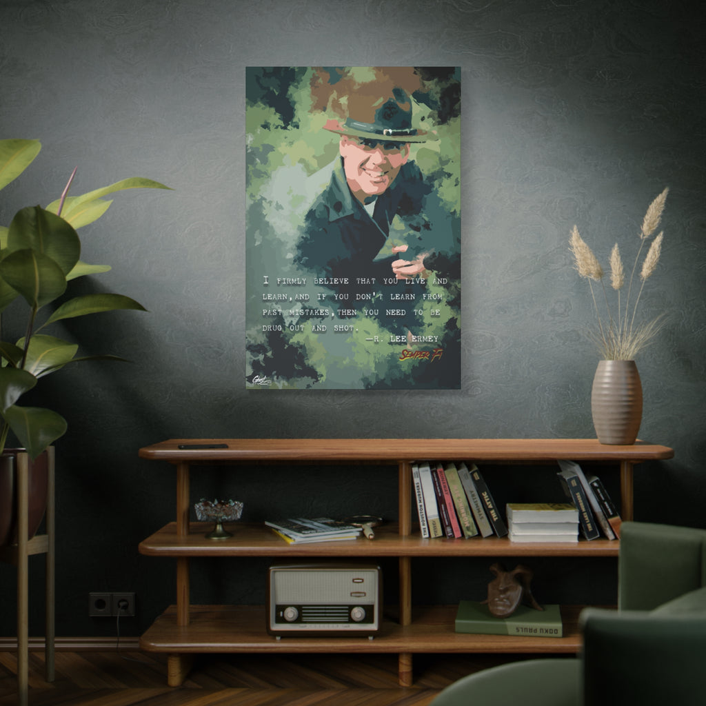 Live and Learn large canvas above a wooden bookshelf, grinning drill instructor in olive and forest green