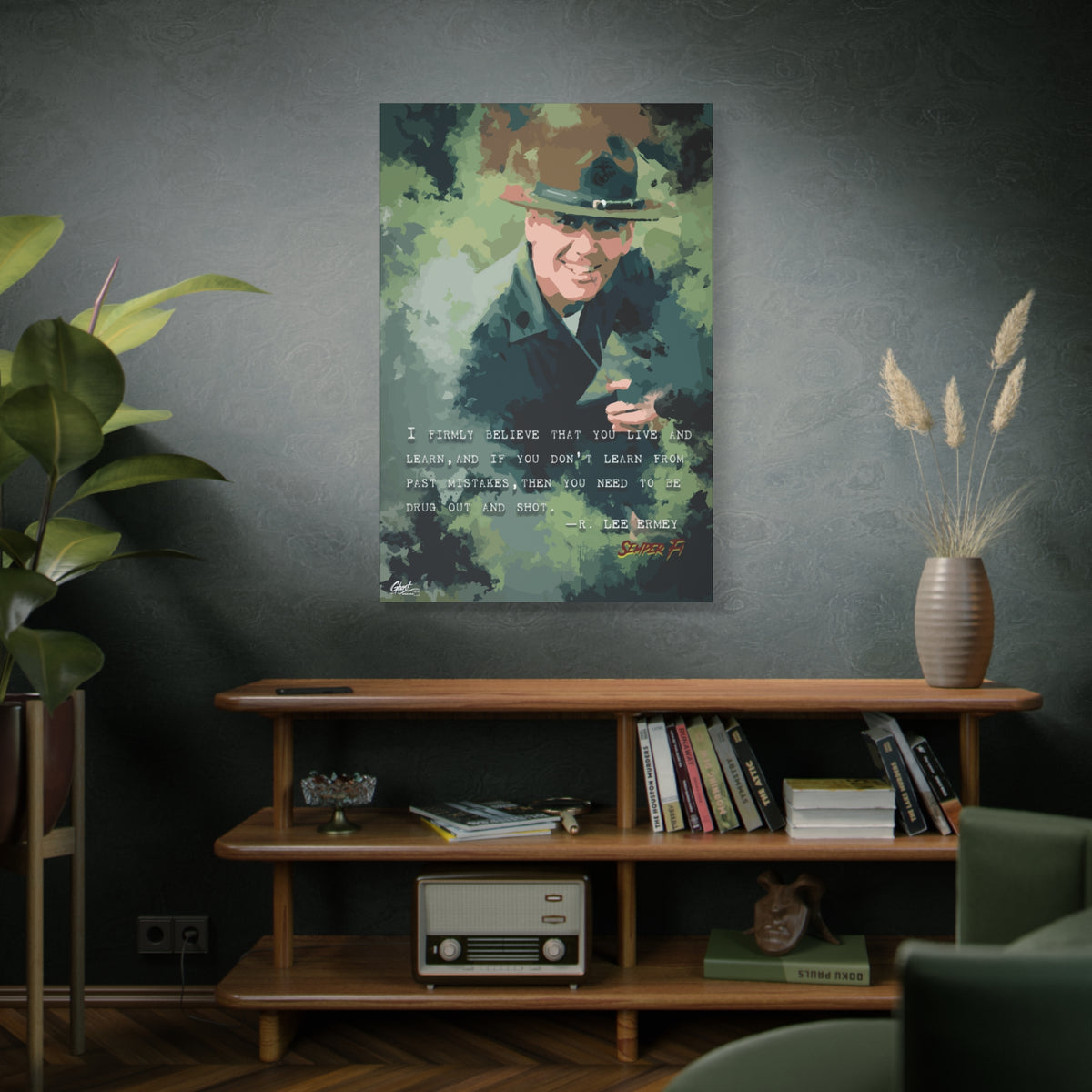 Live and Learn large canvas above a wooden bookshelf, grinning drill instructor in olive and forest green