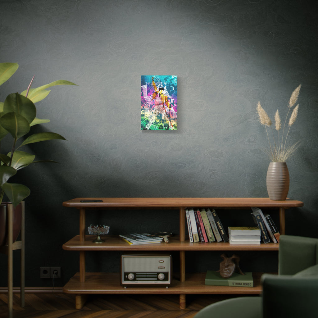 The Showman small canvas on a green-gray wall over bookshelves, teal-to-pink music collage of a performer mid-show