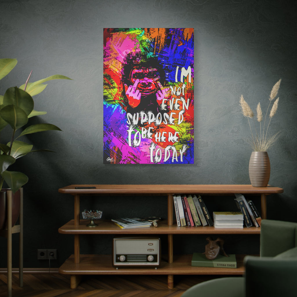 Not Even Supposed to Be Here large canvas above a wooden bookshelf, grinning ape in hot pink and neon brushstrokes
