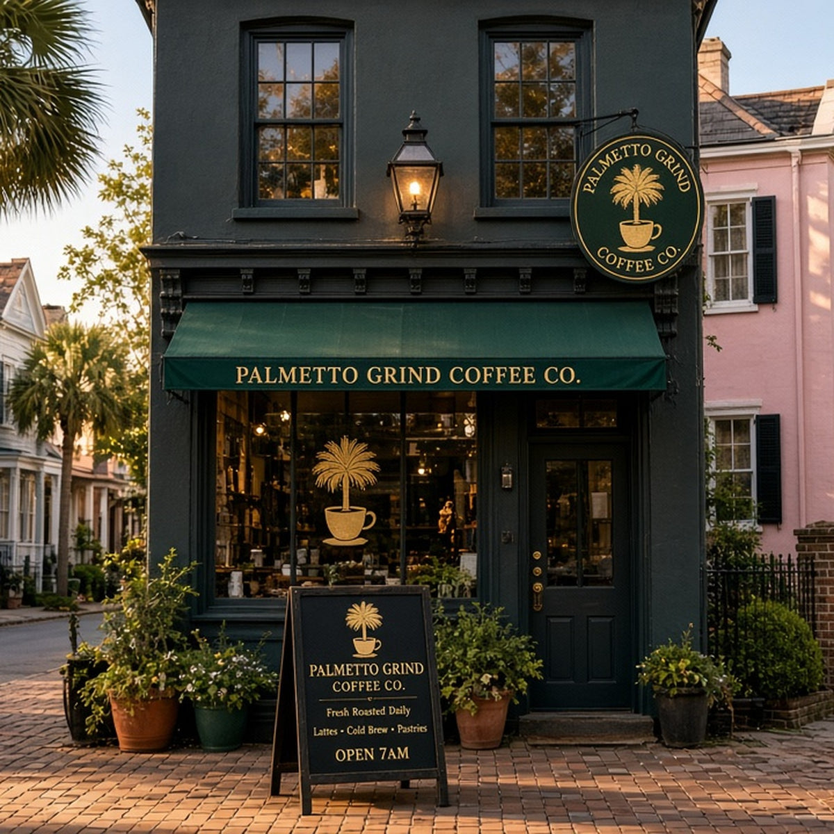 Custom Signs: dark green storefront with gold lettering, a hanging blade sign and a sidewalk sign