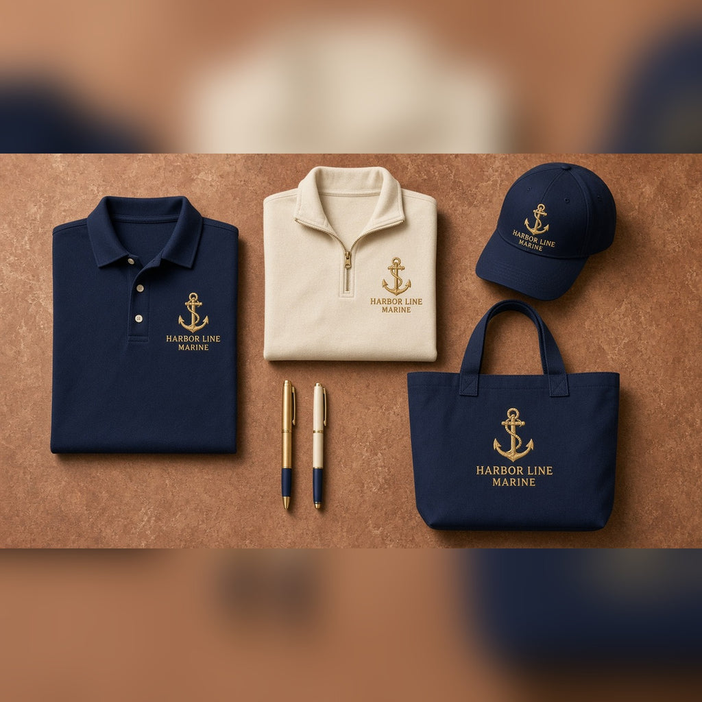 Custom Apparel: navy and cream polos, cap and tote with a gold anchor logo
