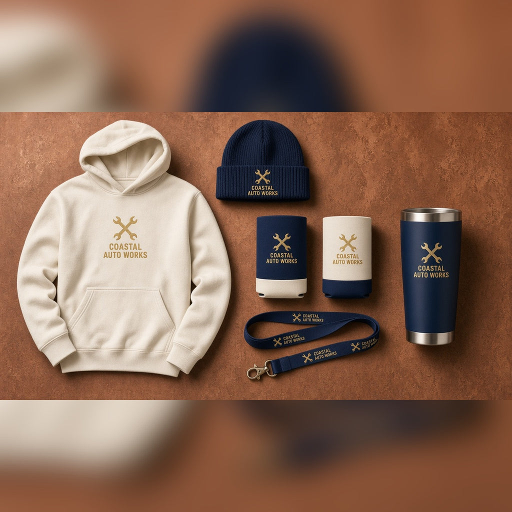 Custom Apparel: cream hoodie, navy beanie, tote and tumbler with a matching printed logo