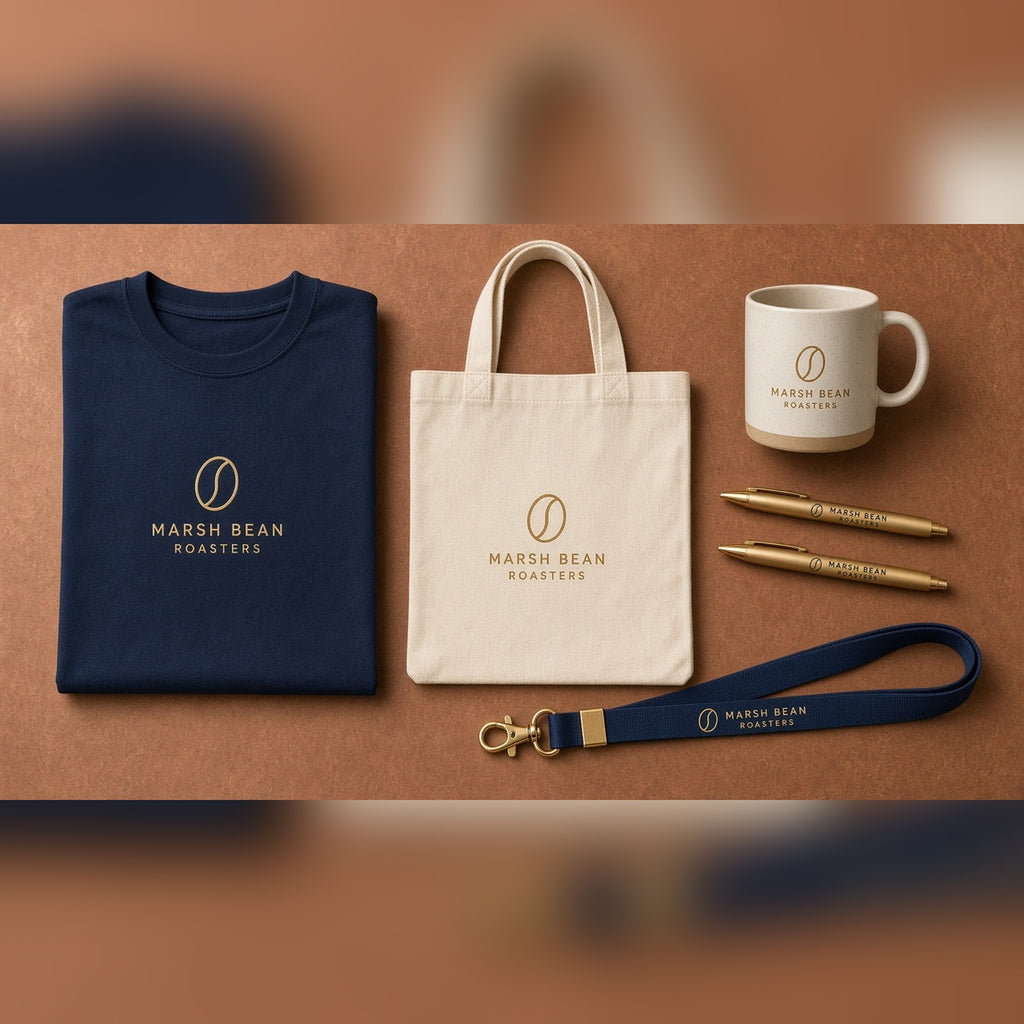Custom Apparel: navy tee, canvas tote and mug with a printed company logo