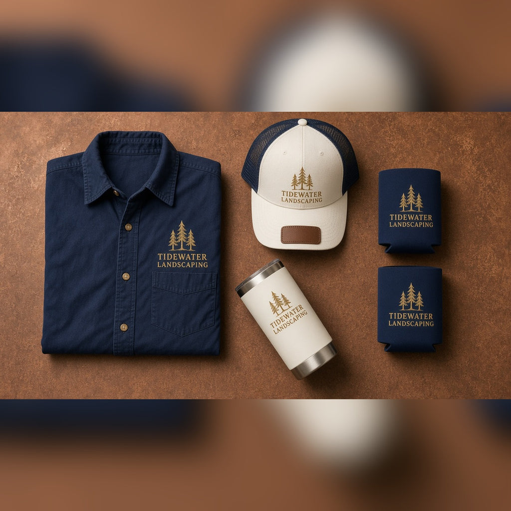 Custom Apparel: navy polo, white cap and water bottle with an embroidered gold logo