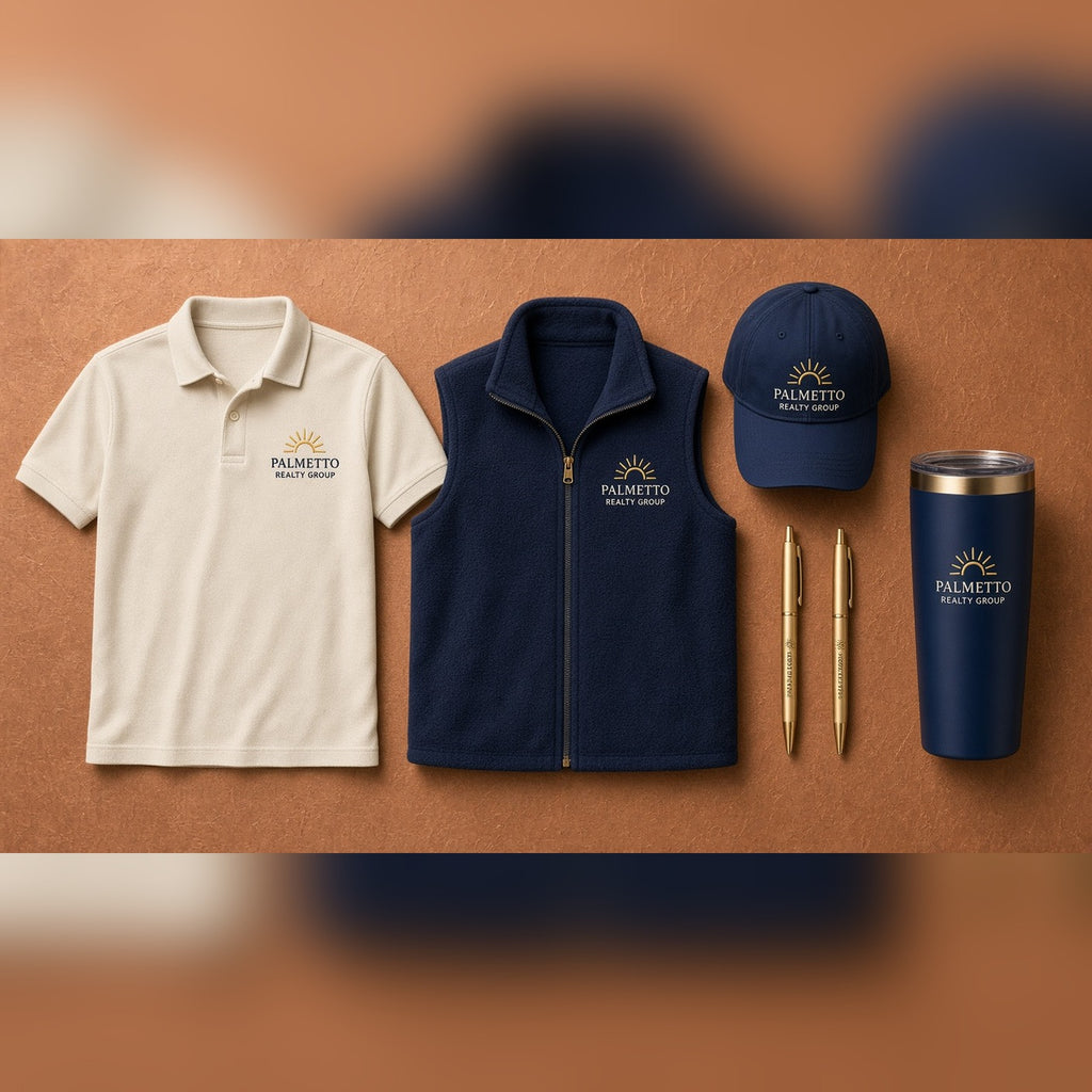 Custom Apparel: cream polo, navy vest, cap and tumbler with a matching logo