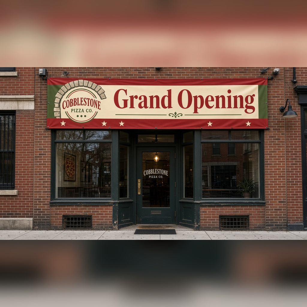 Custom Banners: red and cream Grand Opening banner over a brick storefront