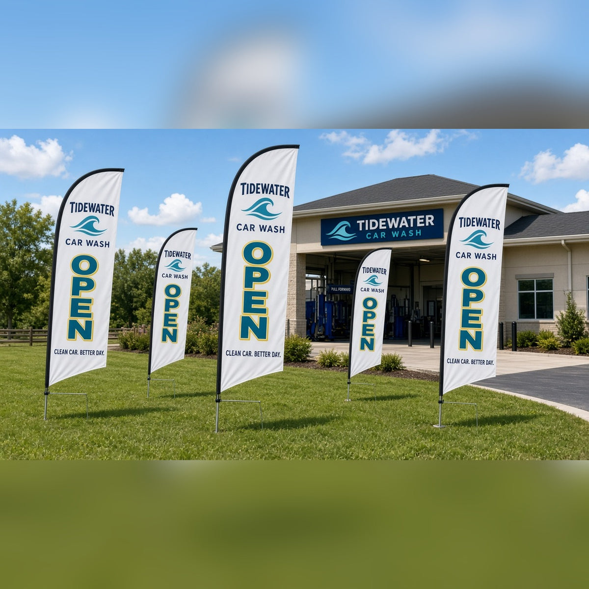Custom Banners: row of OPEN feather flags on the lawn outside a business