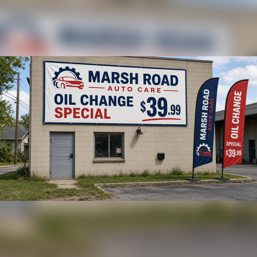 Custom Banners: MARSH ROAD oil change special building banner with matching feather flags