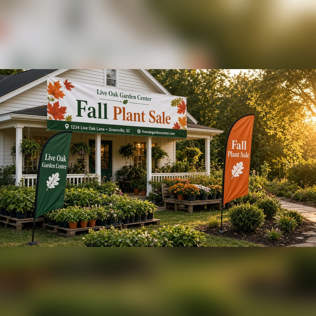 Custom Banners: Fall Plant Sale banner and feather flag at a garden center