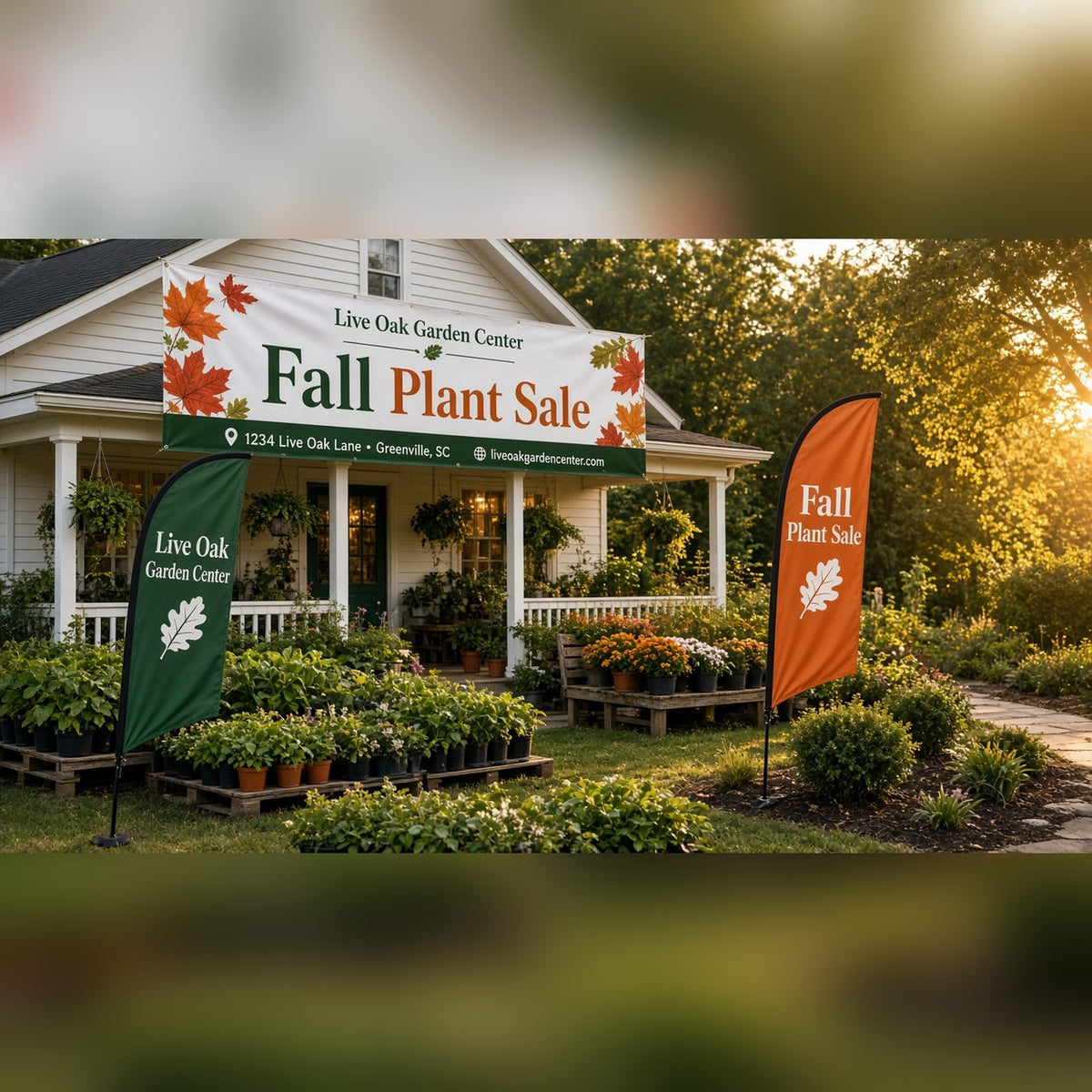 Custom Banners: Fall Plant Sale banner and feather flag at a garden center