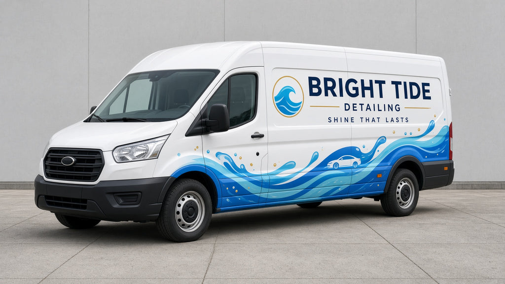 Custom Vehicle Wrap: white cargo van wrapped with flowing blue wave graphics