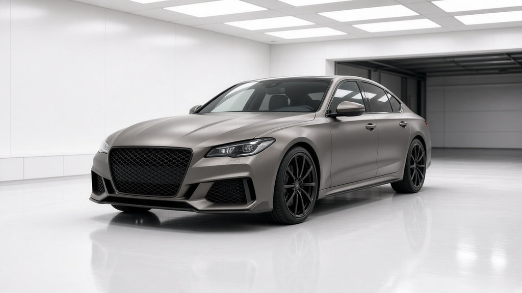 Color Change, PPF & Tint: gray sedan with a satin color change in a white studio
