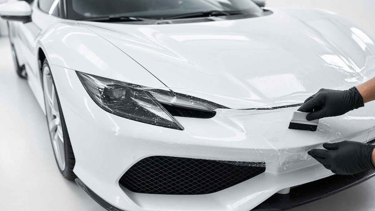 Color Change, PPF & Tint: installer applying clear paint protection film to a white car