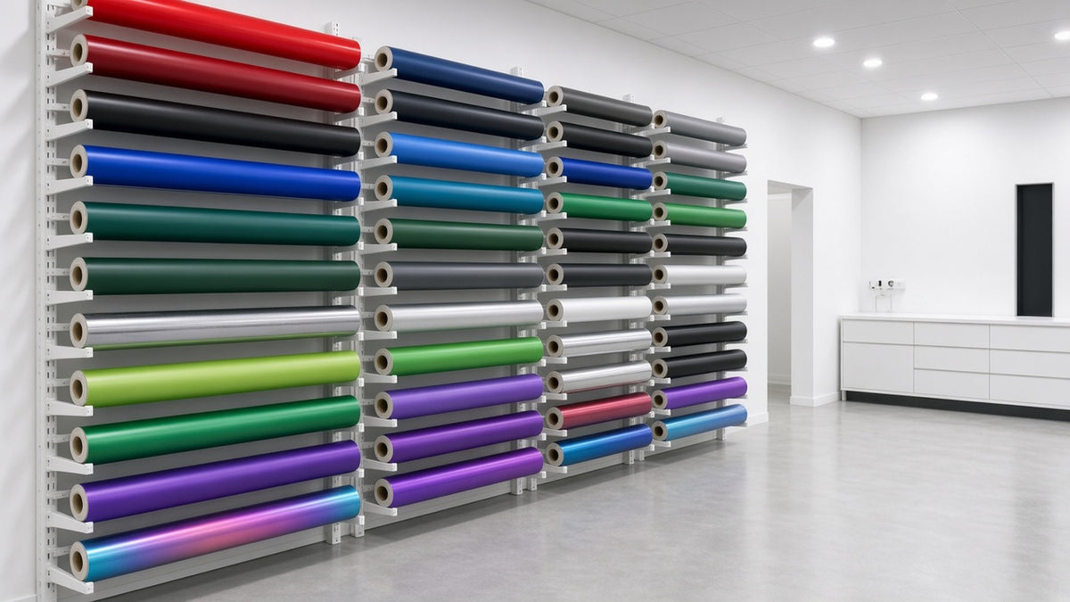 Color Change, PPF & Tint: wall of colorful wrap vinyl rolls in a bright shop