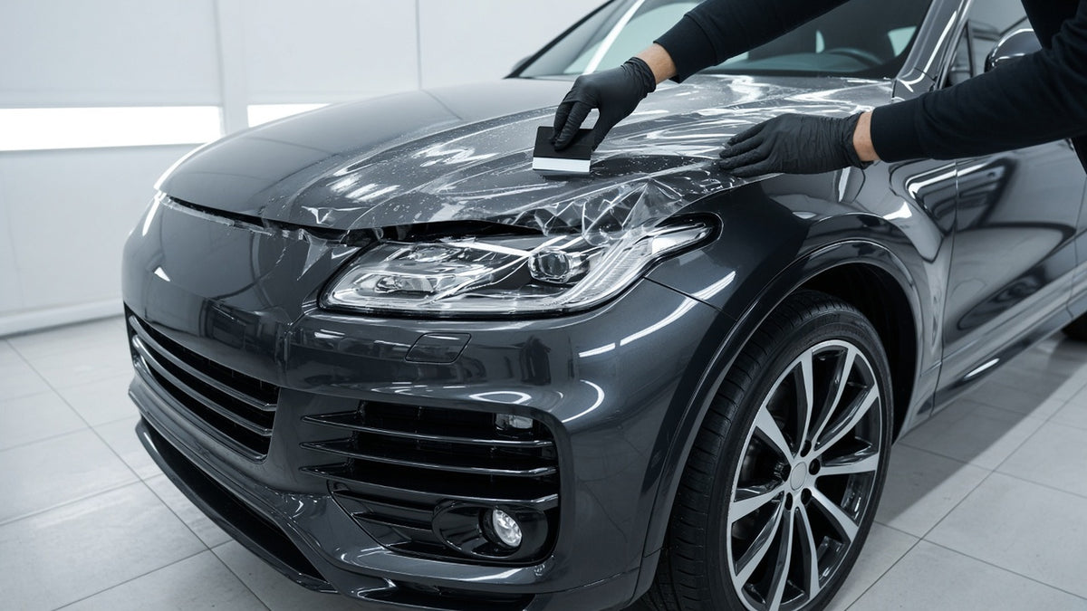 Color Change, PPF & Tint: gloss black SUV hood with fresh paint protection film