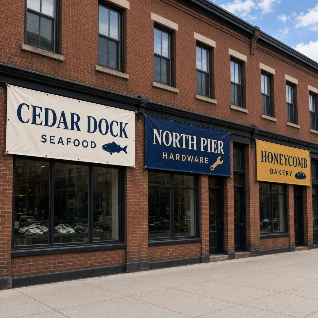 Custom Banners: CEDAR DOCK SEAFOOD and NORTH PIER storefront banners on a brick building