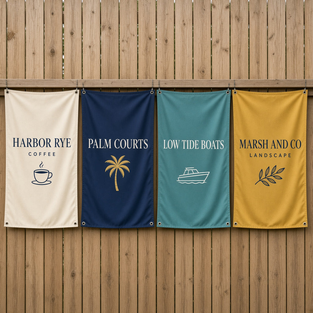 Custom Banners: four colorful fabric banners hanging on a wooden fence