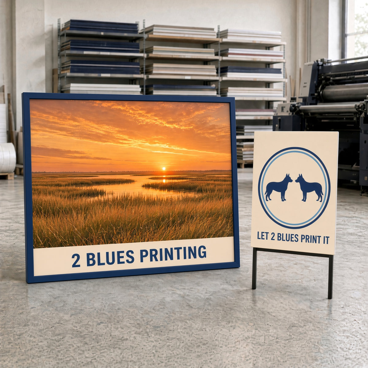 Custom Signs: 2 Blues Printing sunset marsh sign and dog-logo A-frame sign in the print shop