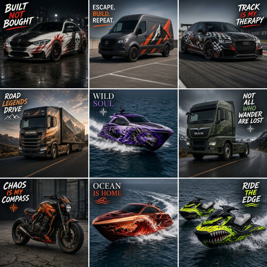 Wrap Design: grid of wrap concepts for cars, vans, semis, boats and jet skis