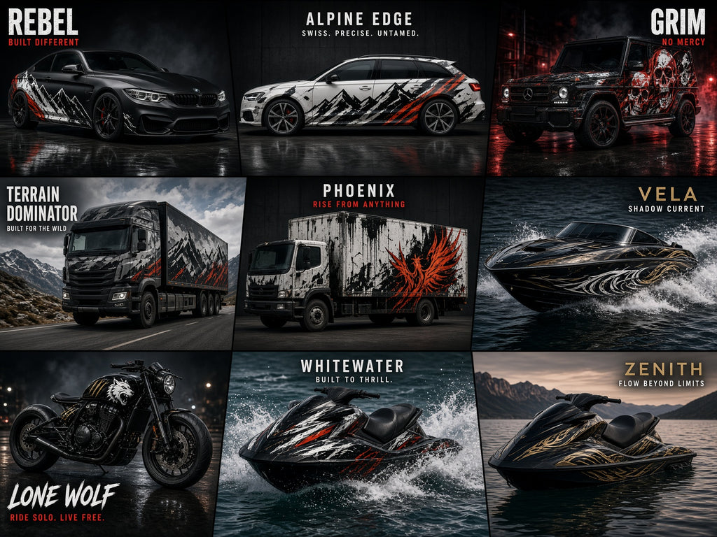 Wholesale Wrap Vinyl: grid of wrapped cars, trucks, boats, motorcycles and jet skis