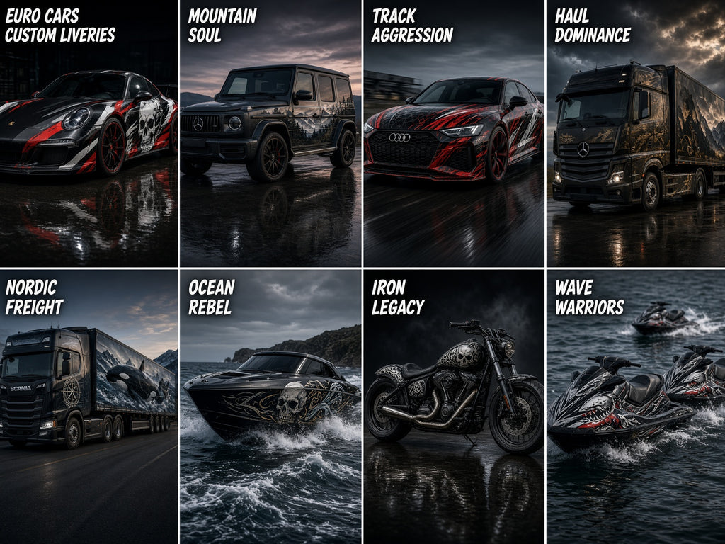 Wrap Design: grid of dark custom livery concepts for cars, trucks, boats and bikes