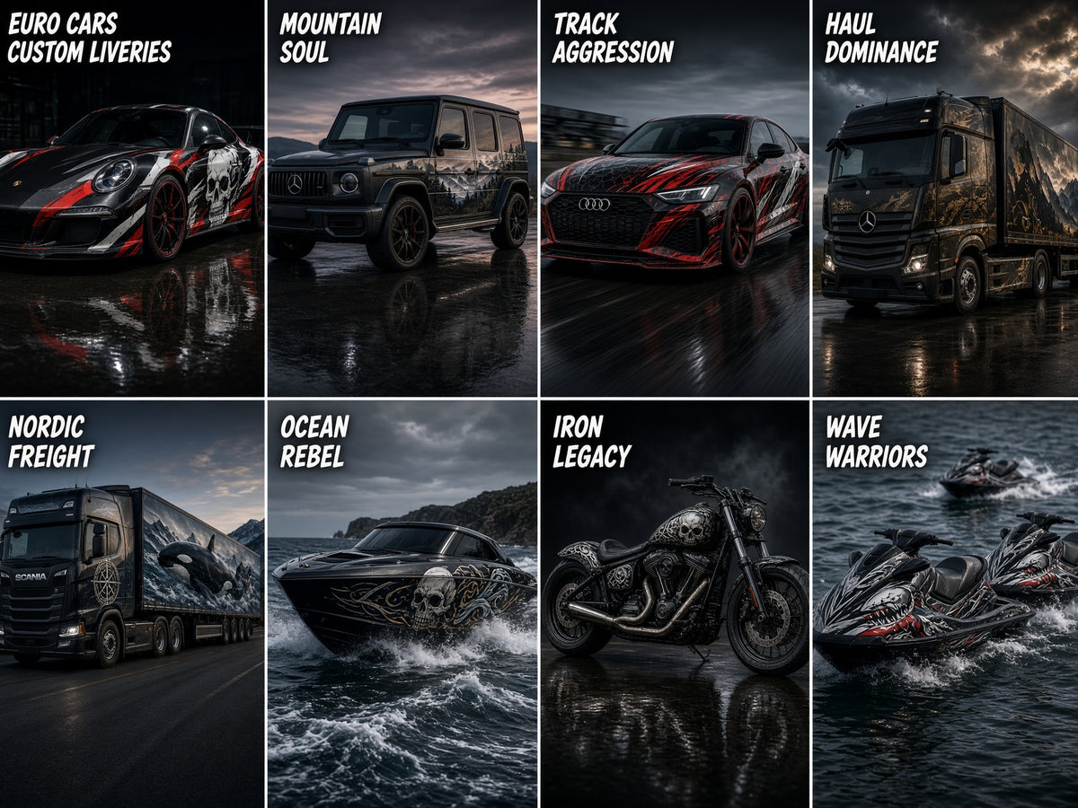 Wrap Design: grid of dark custom livery concepts for cars, trucks, boats and bikes