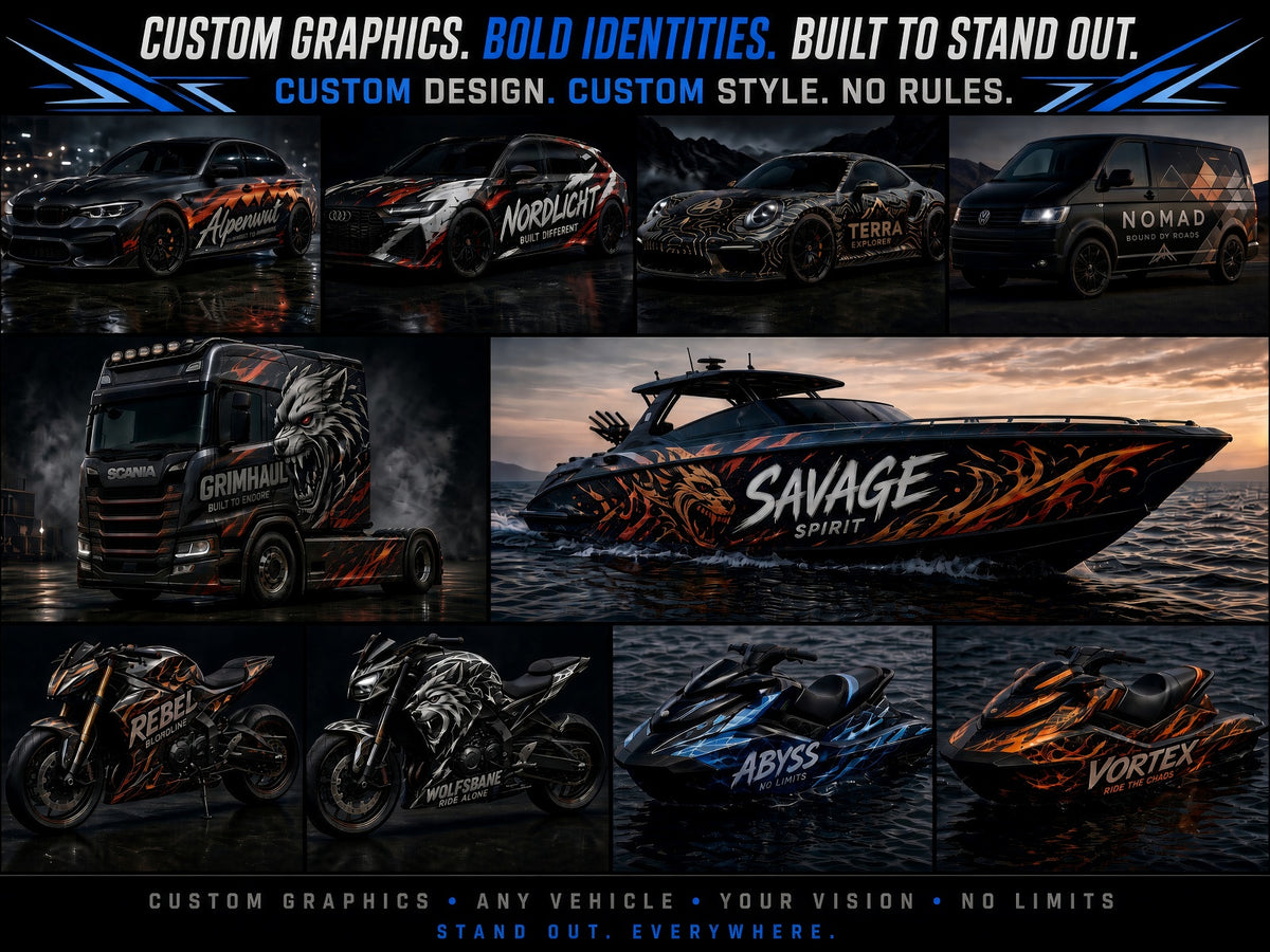 Wrap Design: collage of custom graphic designs for trucks, boats, motorcycles and jet skis