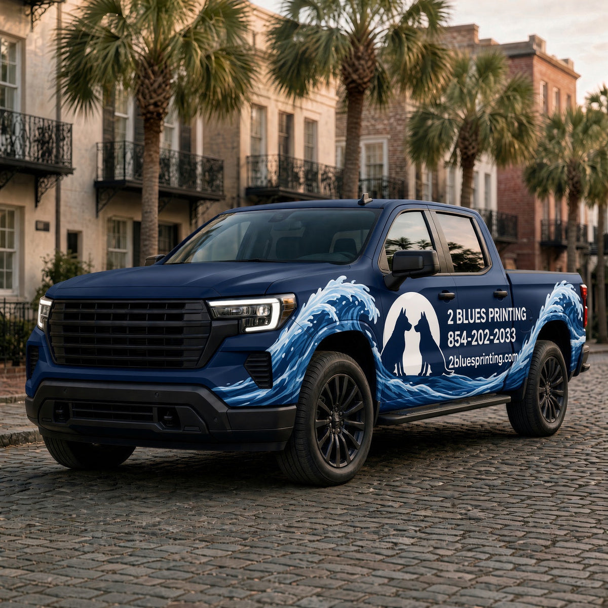 Custom Vehicle Wrap: navy pickup truck with a blue and white logo wrap on a palm-lined street