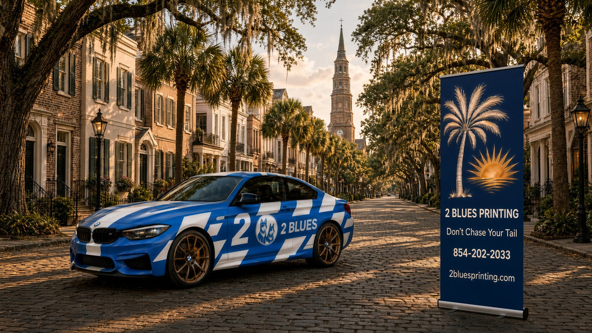 BMW coupe in a 2 Blues race livery on a downtown Charleston street