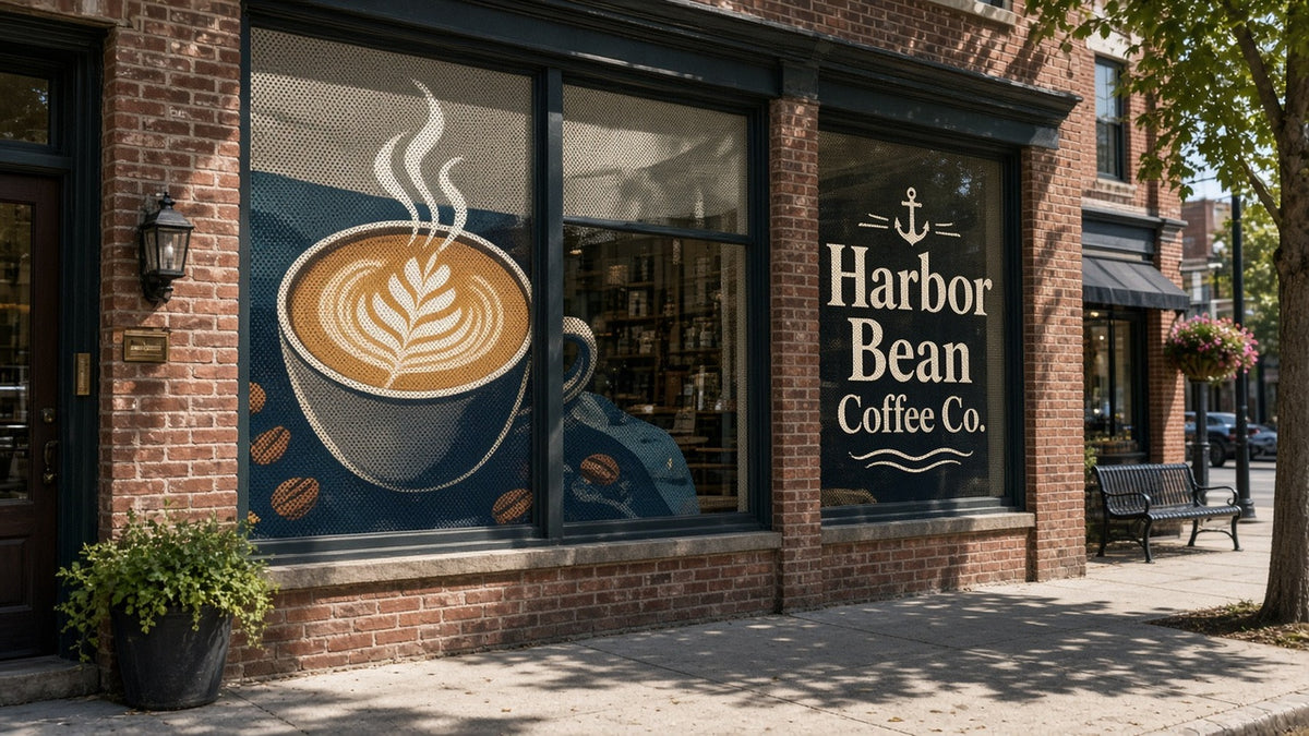 Window Perf: Harbor Bean coffee shop window with a latte art graphic
