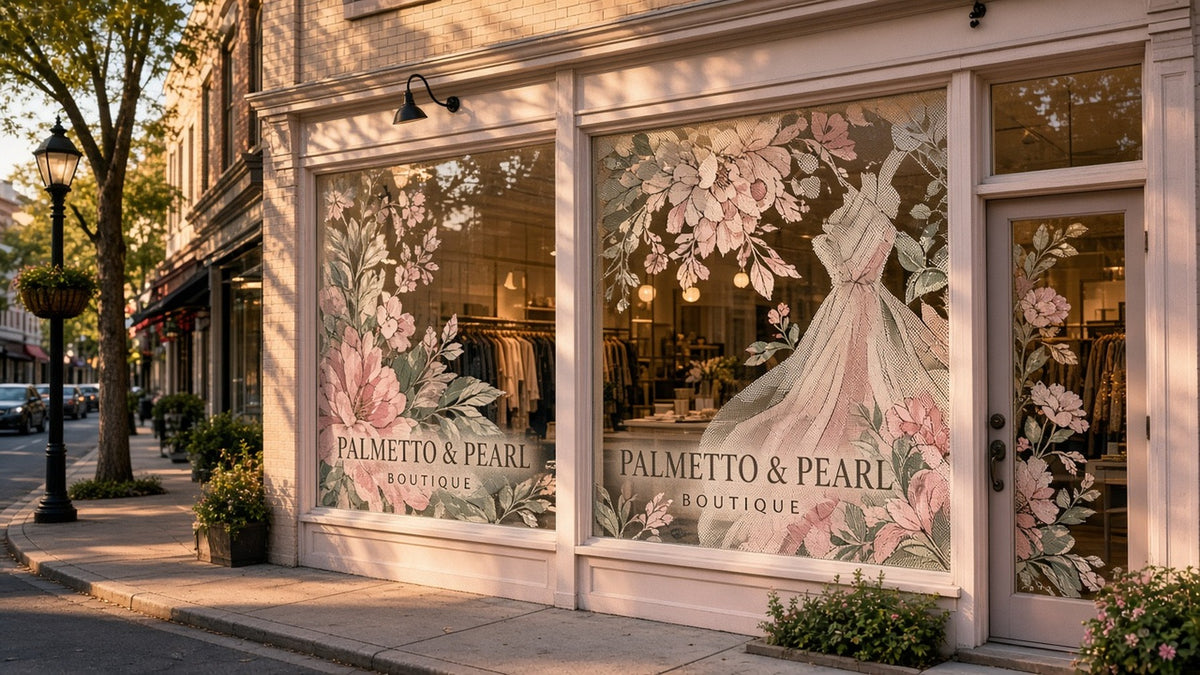 Window Perf: boutique storefront windows covered in a soft floral print