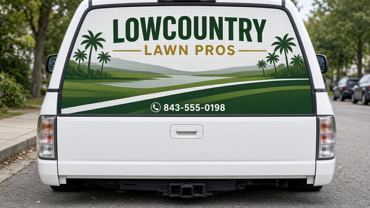 Window Perf: white van rear doors with a green LOWCOUNTRY LAWN PROS graphic