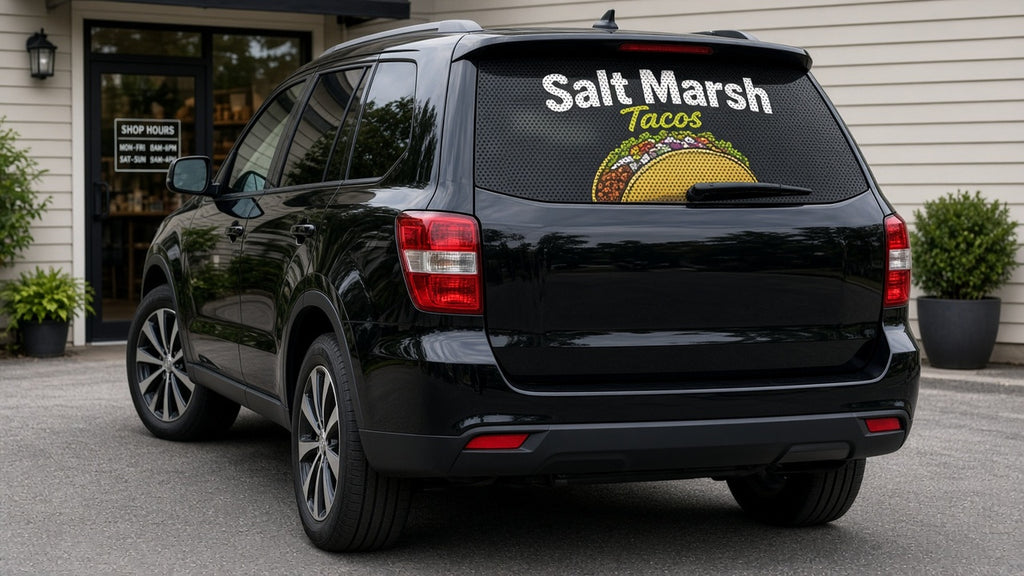 Window Perf: black SUV rear window with a Salt Marsh perforated graphic