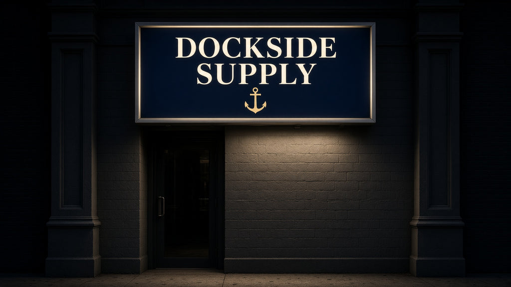 Custom Signs: DOCKSIDE SUPPLY lit sign over a dark storefront entrance