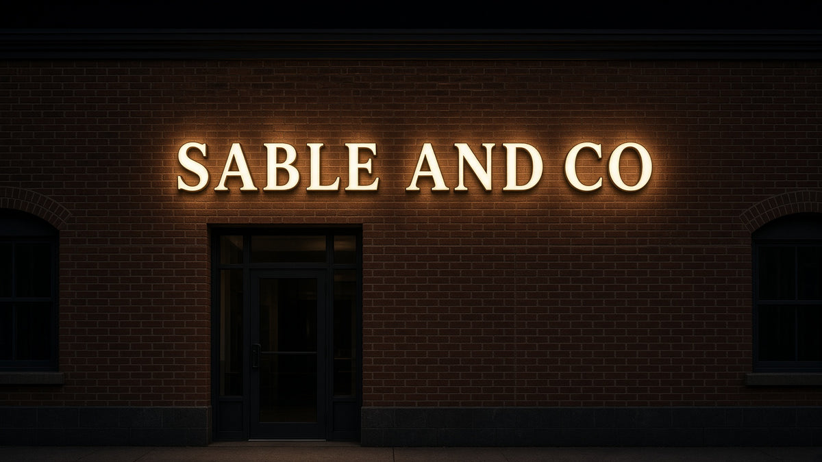 Custom Signs: illuminated dimensional SABLE AND CO letters glowing on a dark wall