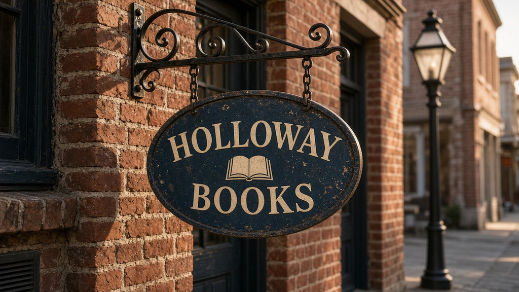 Custom Signs: oval HOLLOWAY BOOKS hanging sign on an iron bracket by a brick wall
