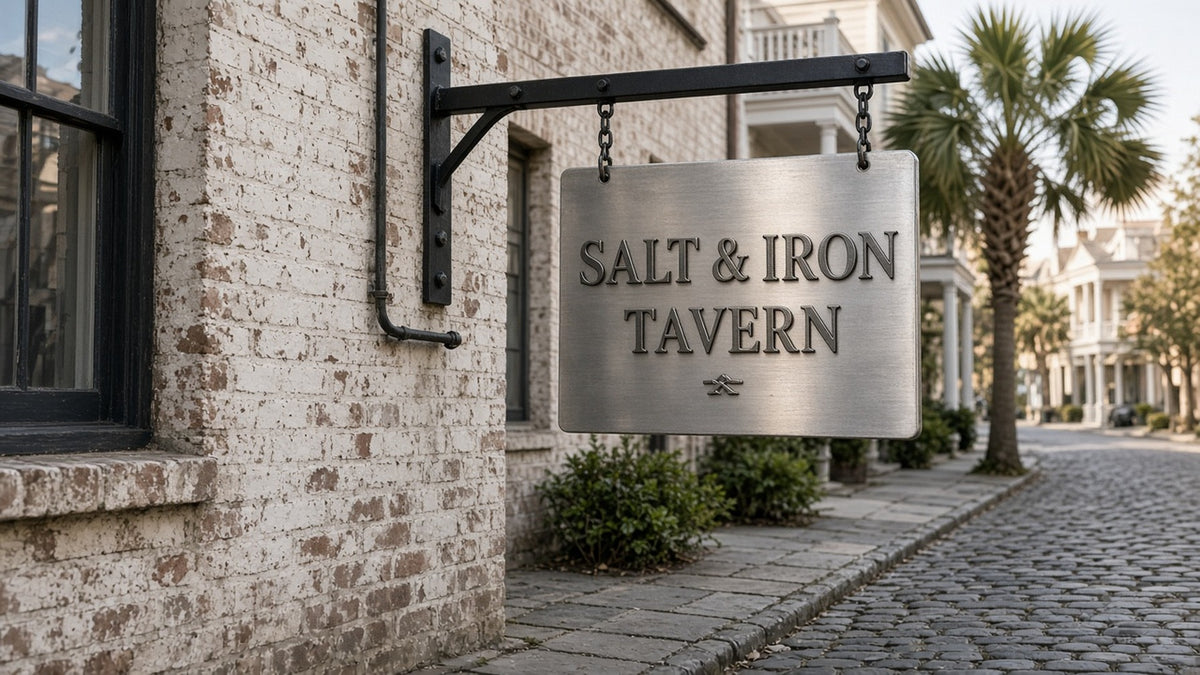Custom Signs: SALT & IRON TAVERN projecting blade sign on a brick building