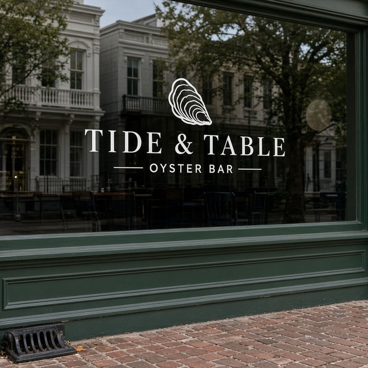Custom Signs: TIDE & TABLE oyster bar lettering on a storefront window