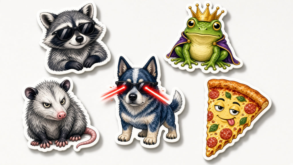 Print-Cut Stickers: die-cut raccoon, frog, cat, pizza and opossum stickers