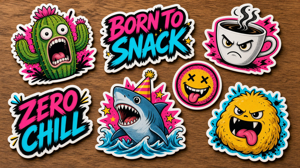 Print-Cut Stickers: colorful cartoon stickers with Zero Chill and Born to Snack